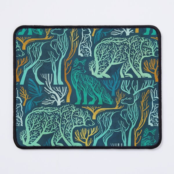 Item preview, Forest roots // nile blue background green and yellow gold texture biome woodland animals bear fox hare deer bird trees  designed and sold by SelmaCardoso.