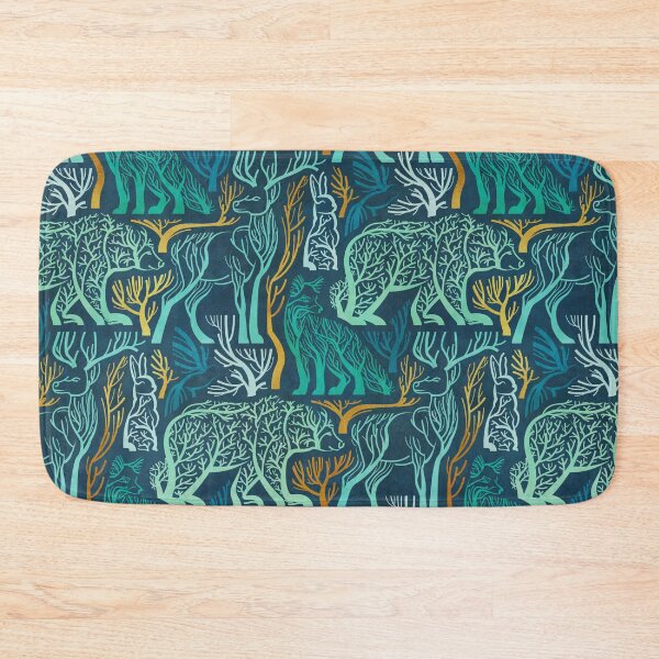 Item preview, Forest roots // nile blue background green and yellow gold texture biome woodland animals bear fox hare deer bird trees  designed and sold by SelmaCardoso.