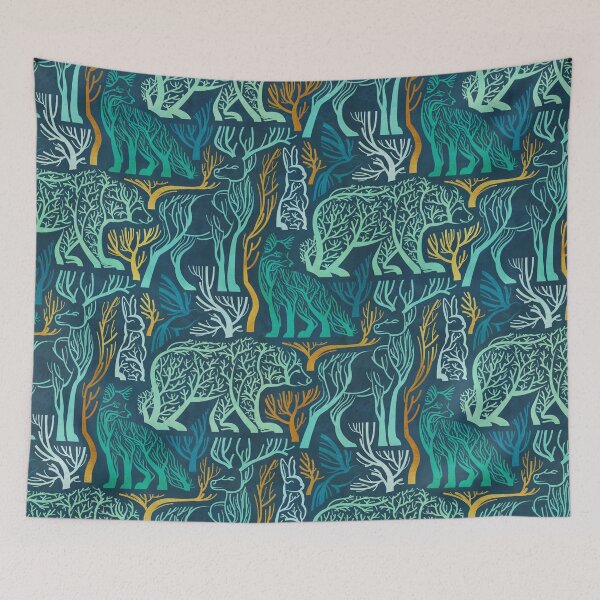 Item preview, Forest roots // nile blue background green and yellow gold texture biome woodland animals bear fox hare deer bird trees  designed and sold by SelmaCardoso.