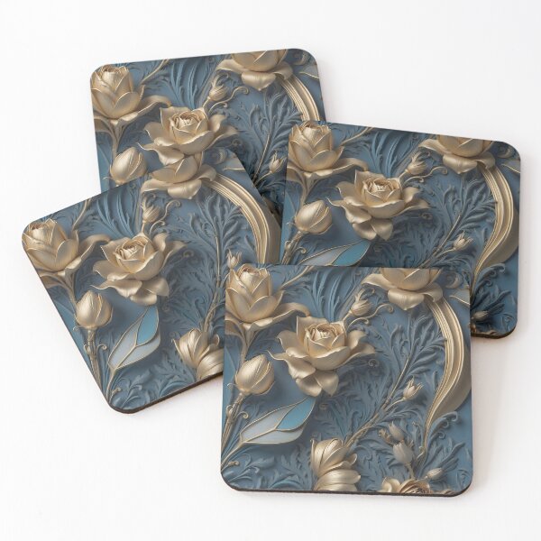 Item preview, Roses and flowers in blue and gold - 3D relief pattern #33 designed and sold by GoldenEraArt.