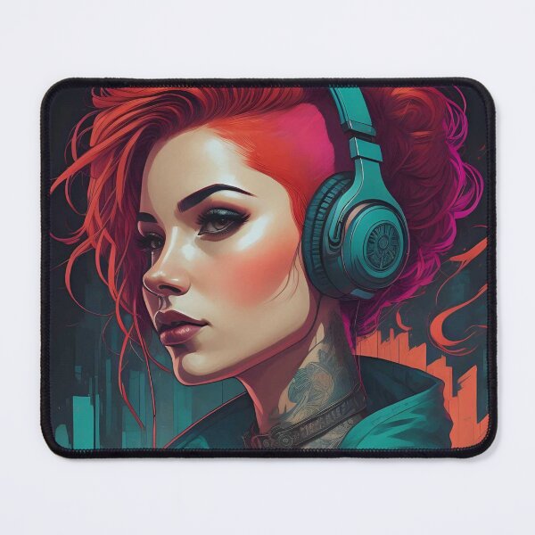 Item preview, Cyberpunk woman with red and pink hair designed and sold by JustInspireMe.