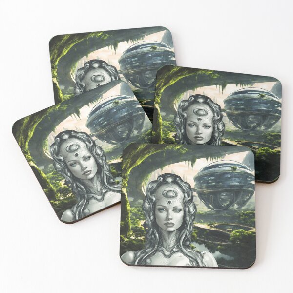 Item preview, Woman from Pleiades: Nature's Harmony in Cosmic Futuristic Cityscape designed and sold by InnerGrow.