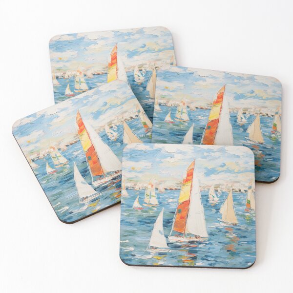Item preview, Sailing boats in ocean on sunny day - Acrylic landscape painting designed and sold by TheArtistOf2022.