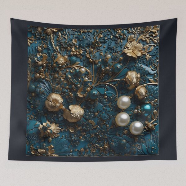 Item preview, Flowers and pearls in shades of blue and gold - 3D relief #36 designed and sold by GoldenEraArt.