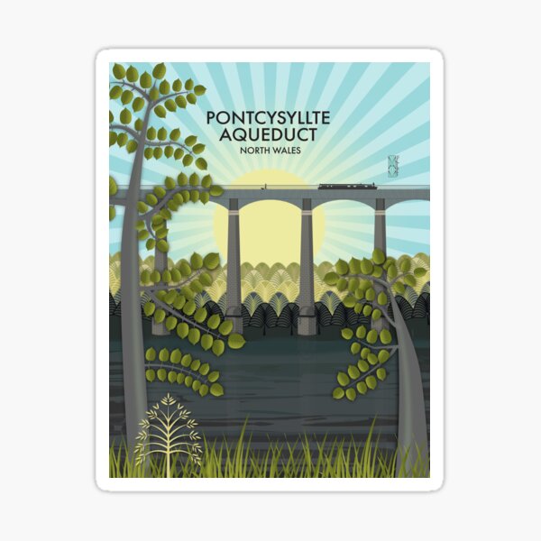 Pontcysyllte Aqueduct with River Dee in North Wales - uplifting Art Deco style Sticker