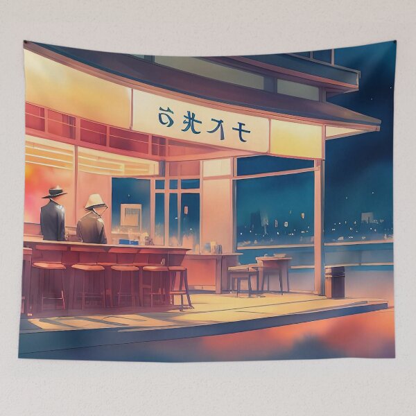 Item preview, Evening eatery, three patrons, cityscape view, serene ambiance. designed and sold by ArtComixHaven.