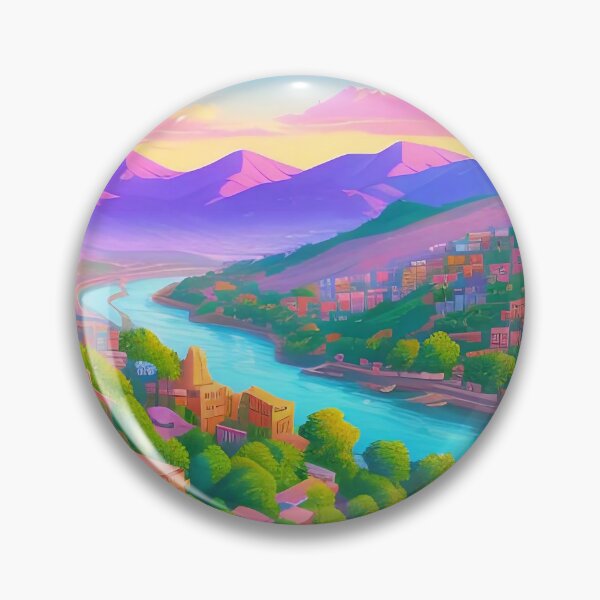 Item preview, Colorful cityscape, river, mountains, sunset; vibrant and picturesque. designed and sold by ArtComixHaven.