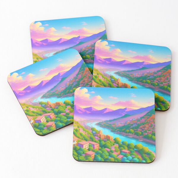 Item preview, Colorful cityscape, river, mountains, sunset; vibrant and picturesque. designed and sold by ArtComixHaven.