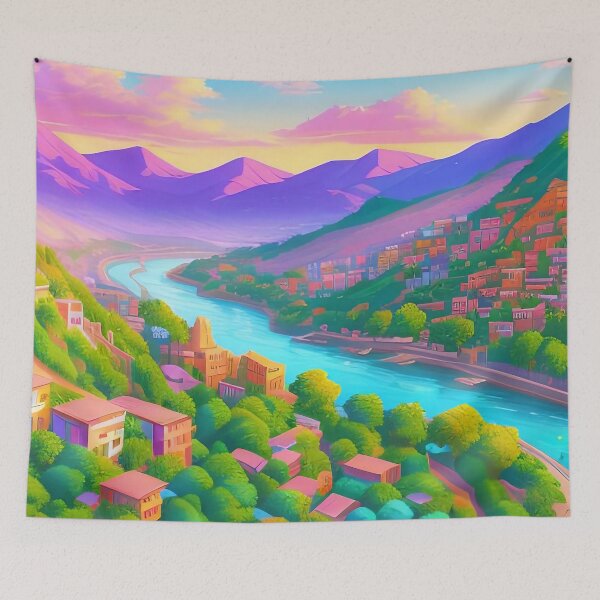 Item preview, Colorful cityscape, river, mountains, sunset; vibrant and picturesque. designed and sold by ArtComixHaven.