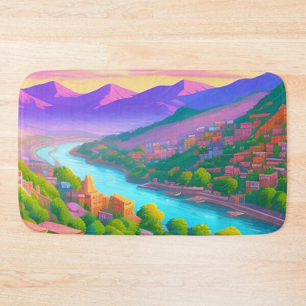 Item preview, Colorful cityscape, river, mountains, sunset; vibrant and picturesque. designed and sold by ArtComixHaven.