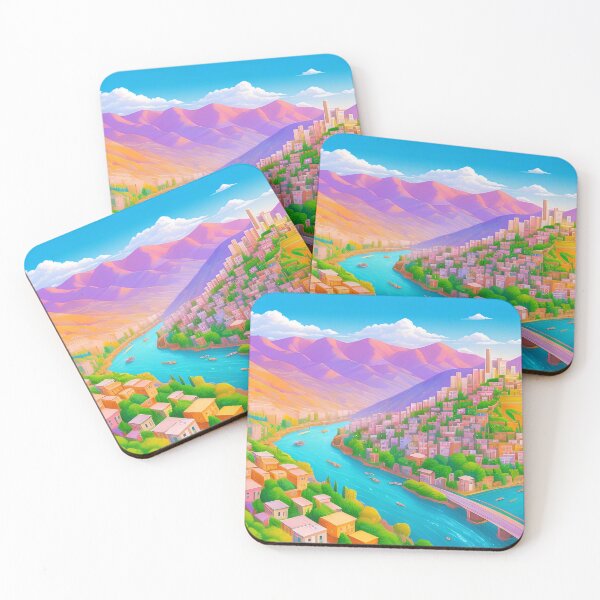 Item preview, Vibrant cityscape, river, mountains, colourful buildings, bridge, serene. designed and sold by ArtComixHaven.