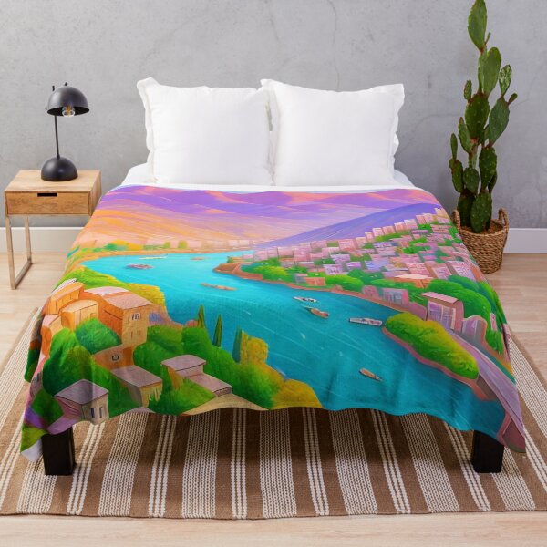 Item preview, Vibrant cityscape, river, mountains, colourful buildings, bridge, serene. designed and sold by ArtComixHaven.
