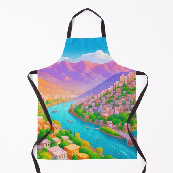Item preview, Vibrant cityscape, river, mountains, colourful buildings, bridge, serene. designed and sold by ArtComixHaven.