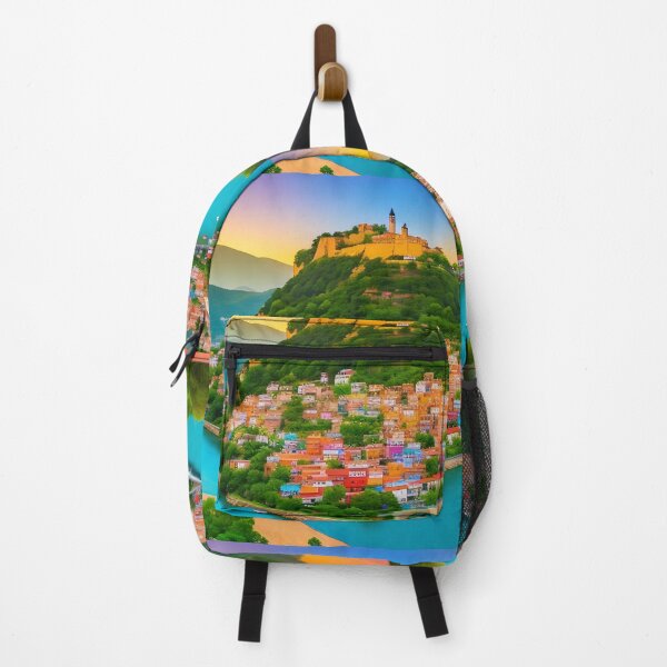 Item preview, Colourful town, hilltop castle, serene waters, sunset backdrop. designed and sold by ArtComixHaven.