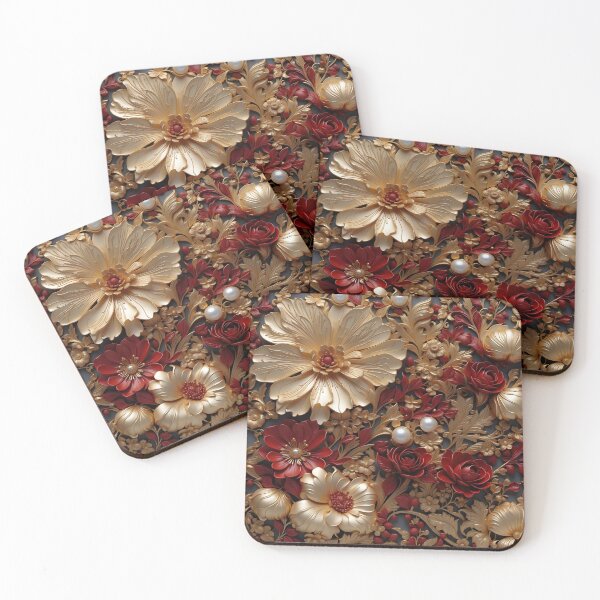 Item preview, Flowers and pearls in dark red and gold - 3D relief #38 designed and sold by GoldenEraArt.