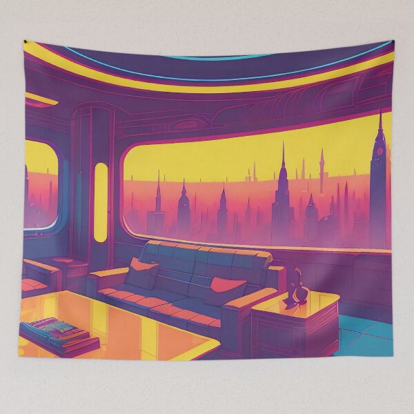 Item preview, Futuristic cityscape viewed from a colourful, modern interior. designed and sold by ArtComixHaven.