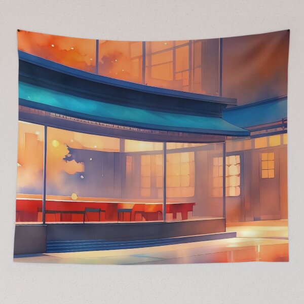 Item preview, Sunset cafe scene, warm lights, serene atmosphere. designed and sold by ArtComixHaven.