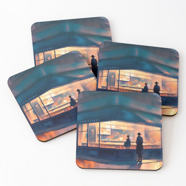 Item preview, Evening cityscape, two people at flower shop. designed and sold by ArtComixHaven.