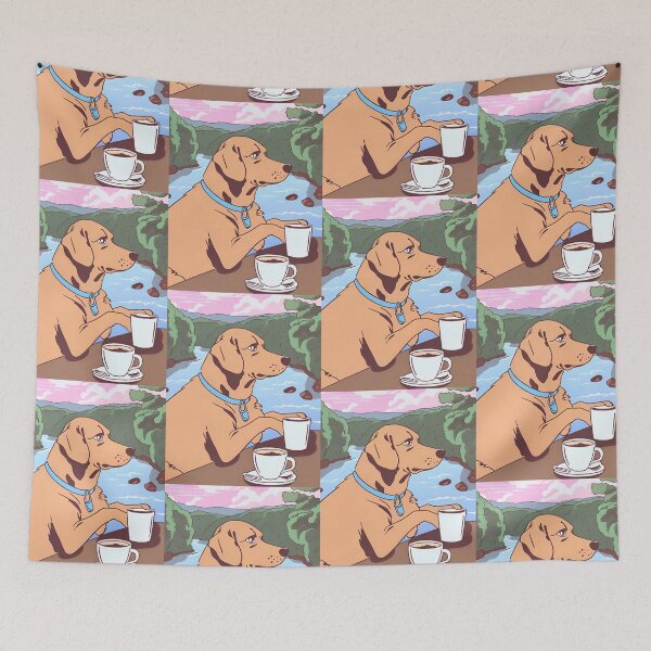 Item preview, Funny Somber Tan Dog Drinking Yummy Hot Chocolate  designed and sold by GoodNaturedAI.