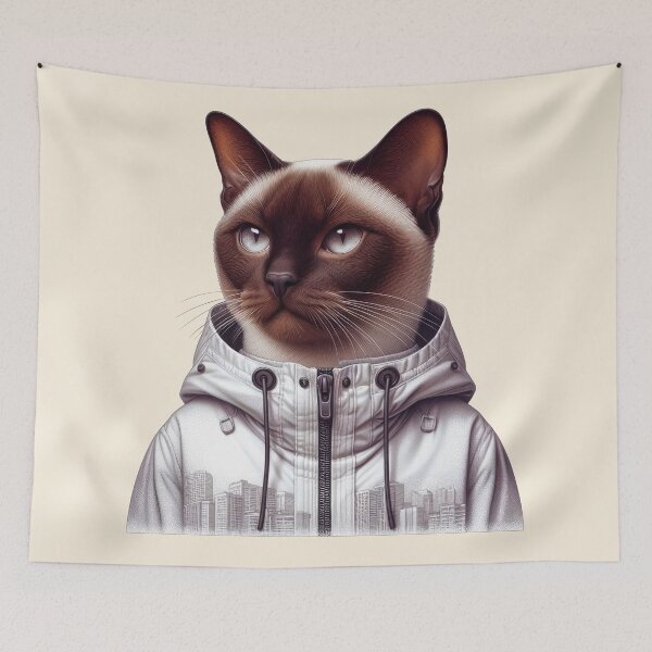Item preview, Urban Cats #76 - Sable Burmese Cat wearing an urban white windbreaker designed and sold by elektronen.