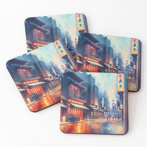 Item preview, Rainy cityscape, glowing shops, reflections, walking figures. designed and sold by ArtComixHaven.
