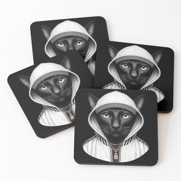 Item preview, Urban Cats #79 - Black Oriental Shorthair Cat wearing a white hip hop windbreaker designed and sold by elektronen.