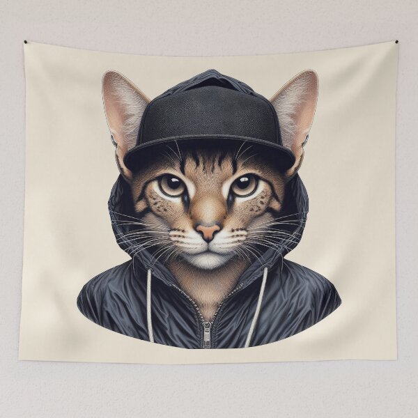Item preview, Urban Cats #80 - Fawn Savannah Cat wearing a black hip hop windbreaker designed and sold by elektronen.