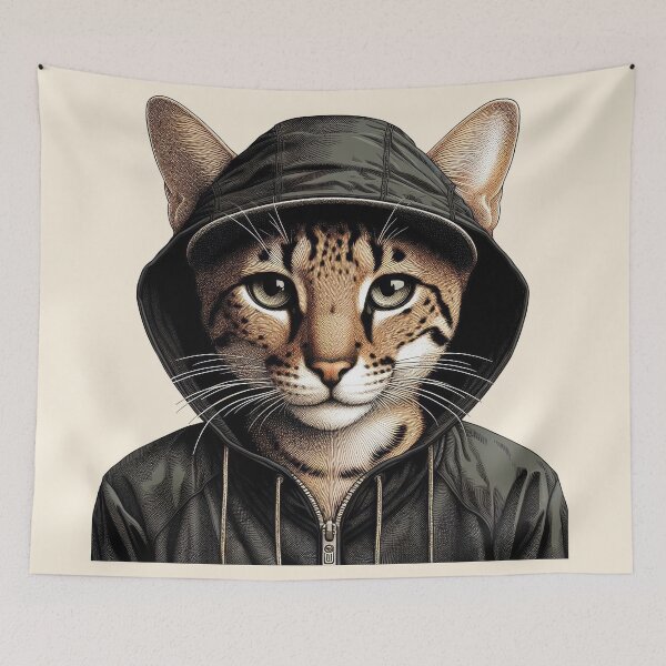 Item preview, Urban Cats #81 - Fawn Savannah Cat wearing a black hip hop windbreaker designed and sold by elektronen.