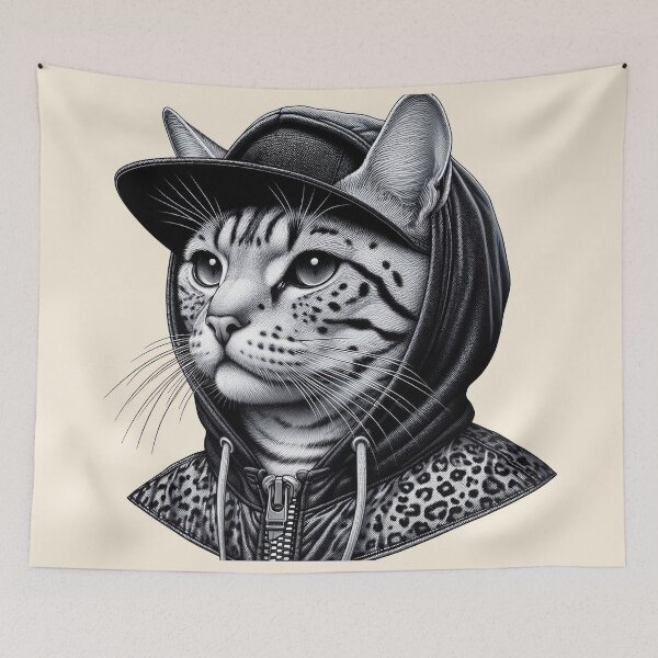 Item preview, Urban Cats #82 - Silver Spotted Tabby Savannah Cat wearing a hip hop windbreaker designed and sold by elektronen.