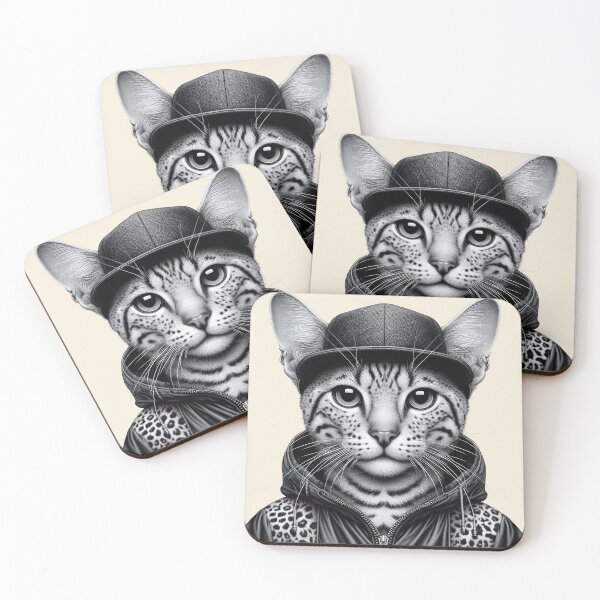 Item preview, Urban Cats #84 - Silver Spotted Tabby Savannah Cat wearing a black hip hop windbreaker designed and sold by elektronen.