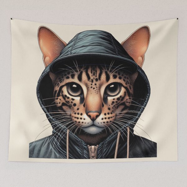 Item preview, Urban Cats #85 - Black Spotted Tabby Savannah Cat wearing a black hip hop windbreaker designed and sold by elektronen.