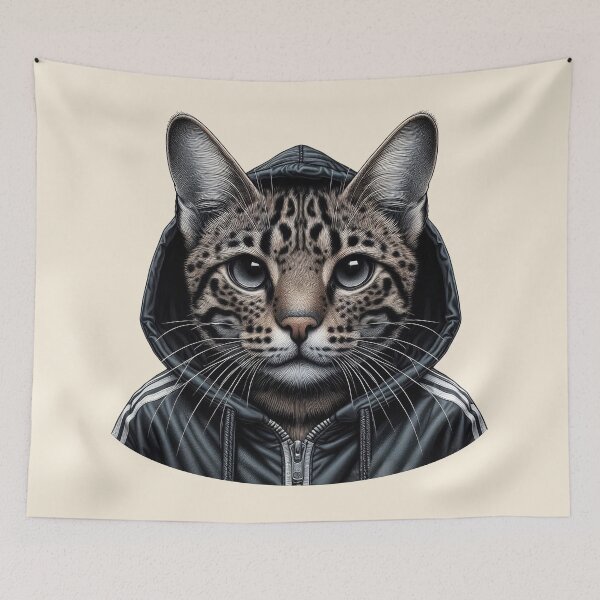 Item preview, Urban Cats #86 - Black Spotted Tabby Savannah Cat wearing a black hip hop windbreaker designed and sold by elektronen.