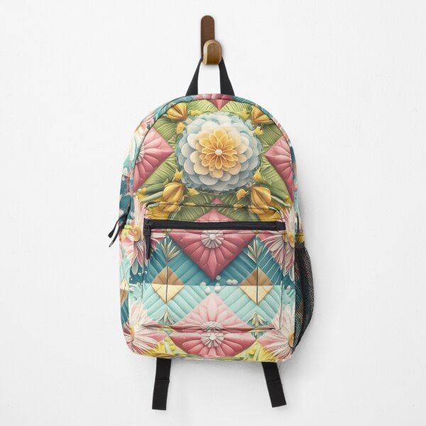 Item preview, Pink, Blue Yellow Flower Print Quilt-Like Pattern with Symbols and Geometric Forms designed and sold by Loving Nature Gifts.