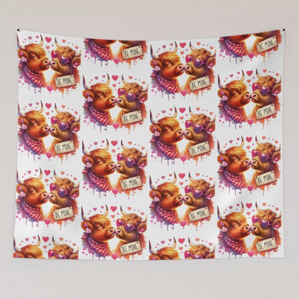 Item preview, Two Highland Cows Kissing, be mine, Valentine Theme, Hearts everywhere.  designed and sold by jewels702.