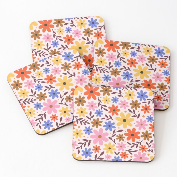 Aperçu de l'œuvre Floral rétro des années 60 - fleurs de marguerite en rose, orange, jaune et bleu créée et vendue par Muxune.