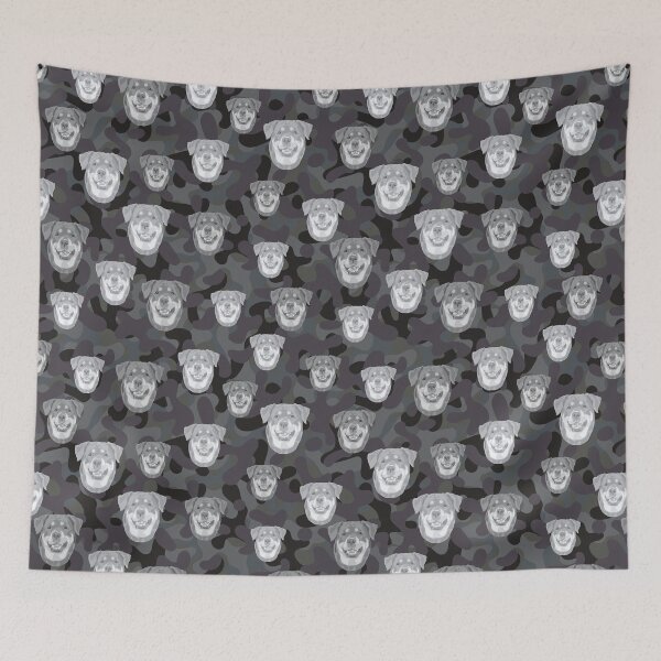 Item preview, Smiling Rottweiler Face And Camo Pattern Light-grey and Black designed and sold by DuFauna.