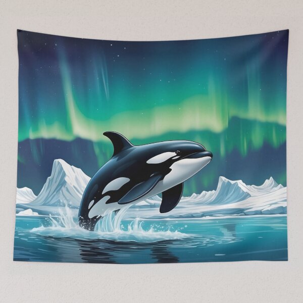 Item preview, Killer whale (orca) swims under the water.On the top sea surface of north pole with icebergs and Northern lights at background. designed and sold by Andrey-Myagkov.