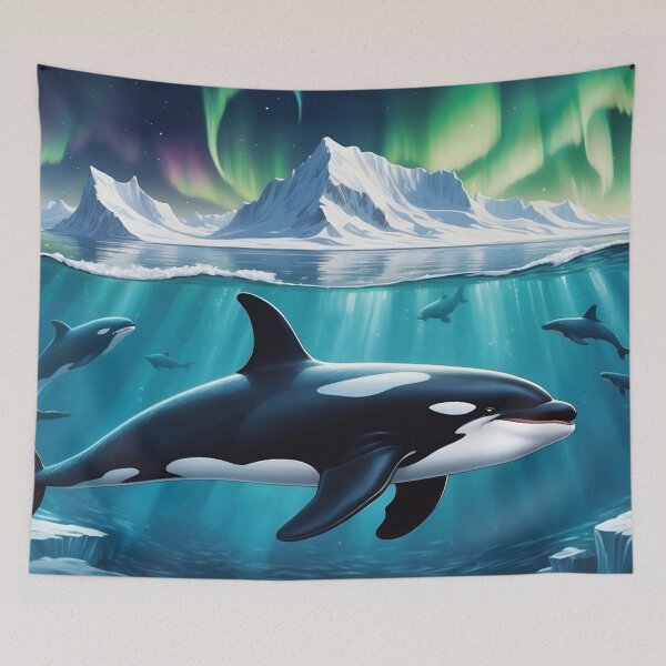 Item preview, Killer whale (orca) swims under the water.On the top sea surface of north pole with icebergs and Northern lights at background. designed and sold by Andrey-Myagkov.