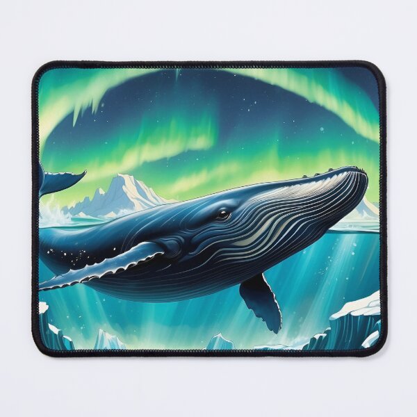Item preview, Big blue Humpback whale peeks out of the water of North pole sea. Icebergs in the water and Northern lights at background designed and sold by Andrey-Myagkov.