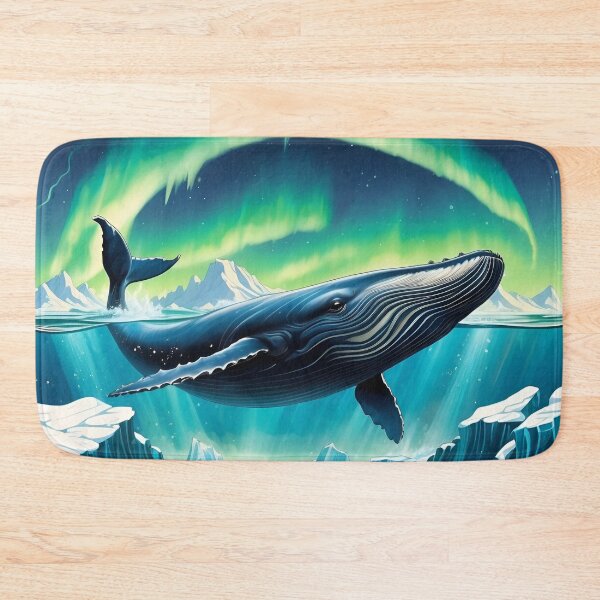 Item preview, Big blue Humpback whale peeks out of the water of North pole sea. Icebergs in the water and Northern lights at background designed and sold by Andrey-Myagkov.