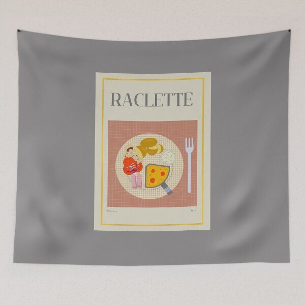 Item preview, RACLETTE illustration with a pan, cheese, potatoes, ham, mushrooms and tomatoes designed and sold by Posteria.