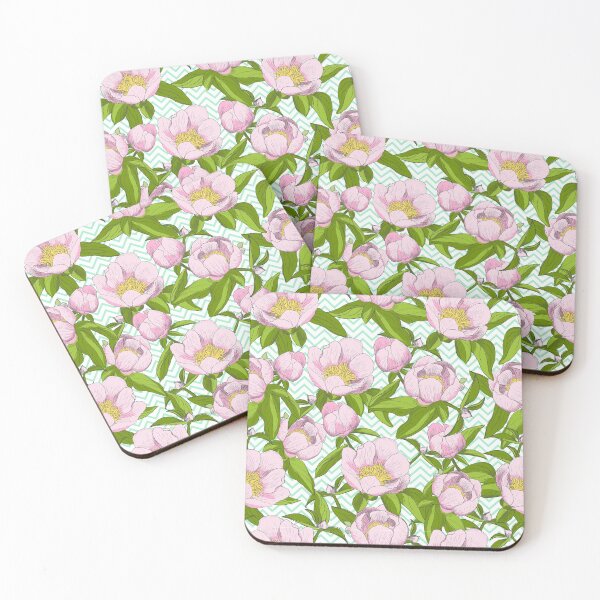 Item preview, Pattern with hand drawn peonies on a background with zigzag pattern. Retro-style. designed and sold by Skaska.