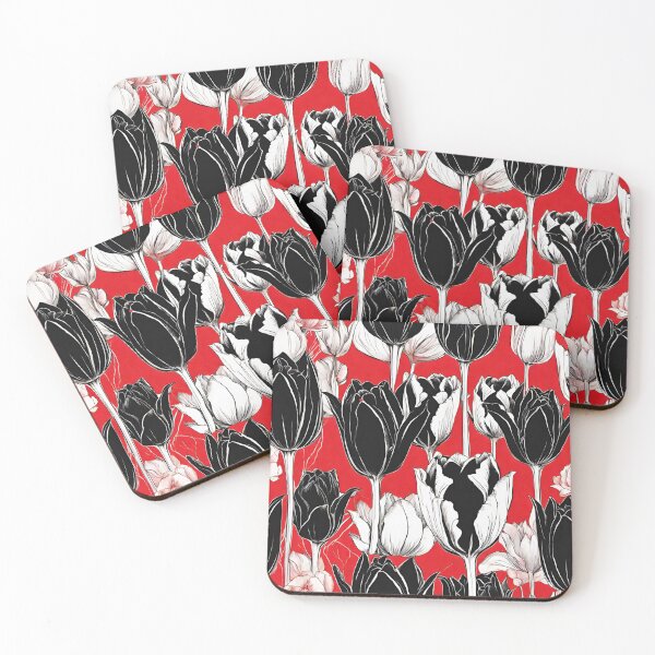 Item preview, black and white tulips on a red background designed and sold by Vilemo.