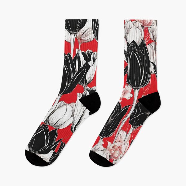 Item preview, black and white tulips on a red background designed and sold by Vilemo.