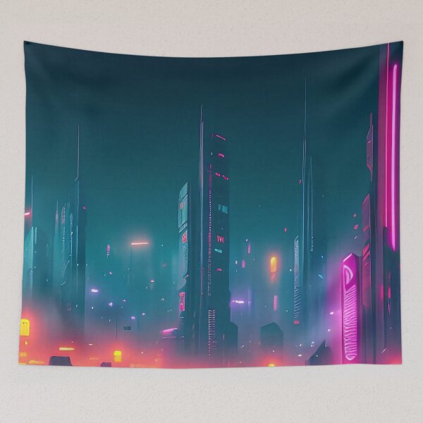 Item preview, Futuristic cityscape, neon lights, skyscrapers, atmospheric, vibrant colours. designed and sold by ArtComixHaven.