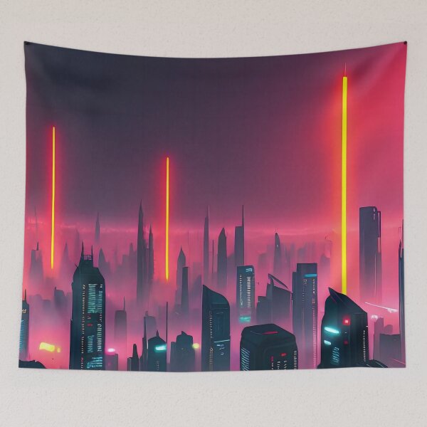 Item preview, Futuristic cityscape, neon lights, skyscrapers, misty atmosphere. designed and sold by ArtComixHaven.