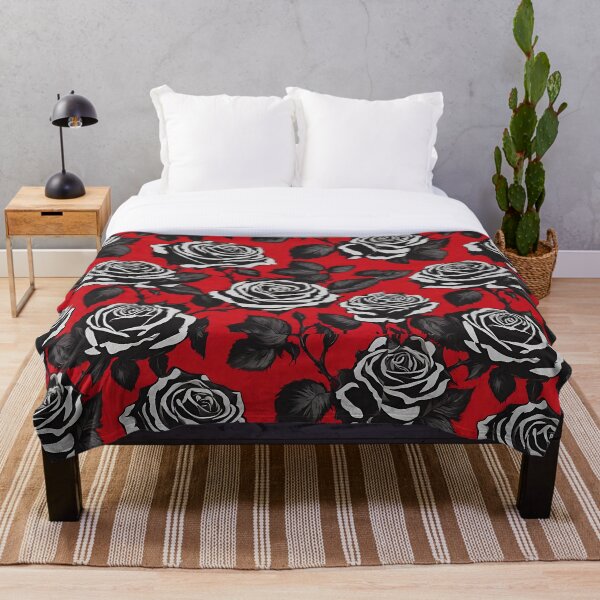 Artikelvorschau,  schwarze und weiße Rosen auf rotem Hintergrund entworfen und verkauft von Vilemo.