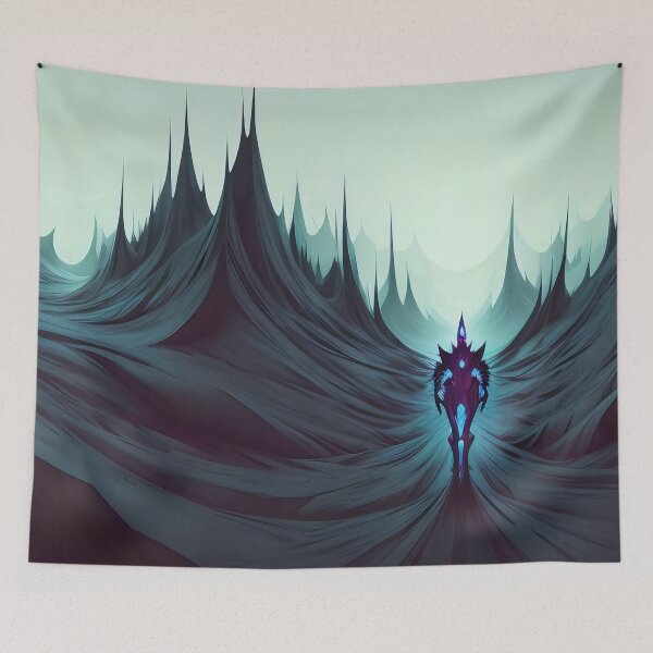 Item preview, Mysterious figure amidst towering, jagged, darkened icy peaks. designed and sold by ArtComixHaven.