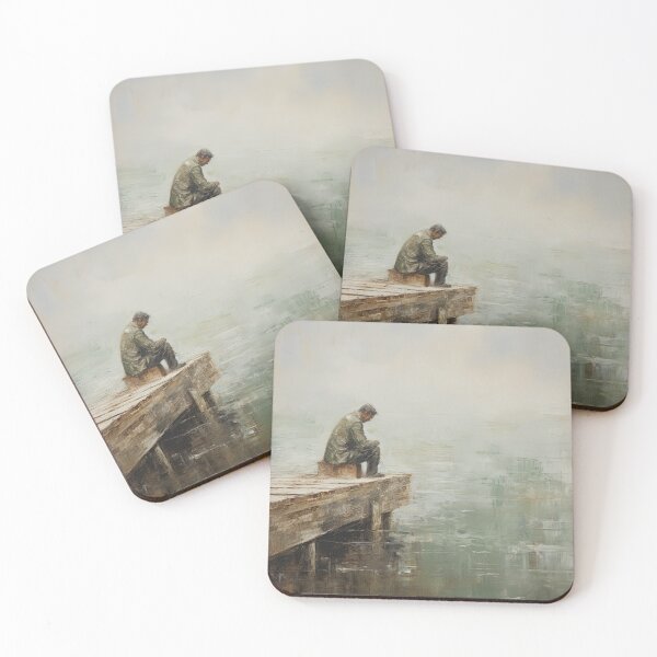 Item preview, Lonely man on pier in lake - Moody figure painting designed and sold by TheArtistOf2022.