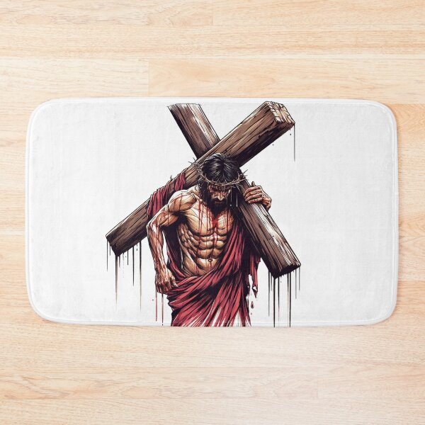 Item preview, "Jesus, bearing a large and heavy cross on his shoulders, is depicted with a weary countenance, struggling under the weight. designed and sold by PaintMeWorld.